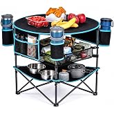 FUNDANGO Foldable Camping Table, 3-Tier Removable Mesh Shelf, 4 Cup Holders | Portable, Folding, Lightweight, Includes a Carry Bag, for Camping Picnic Tailgate Backyard, Detachable Mesh Storage Shelf