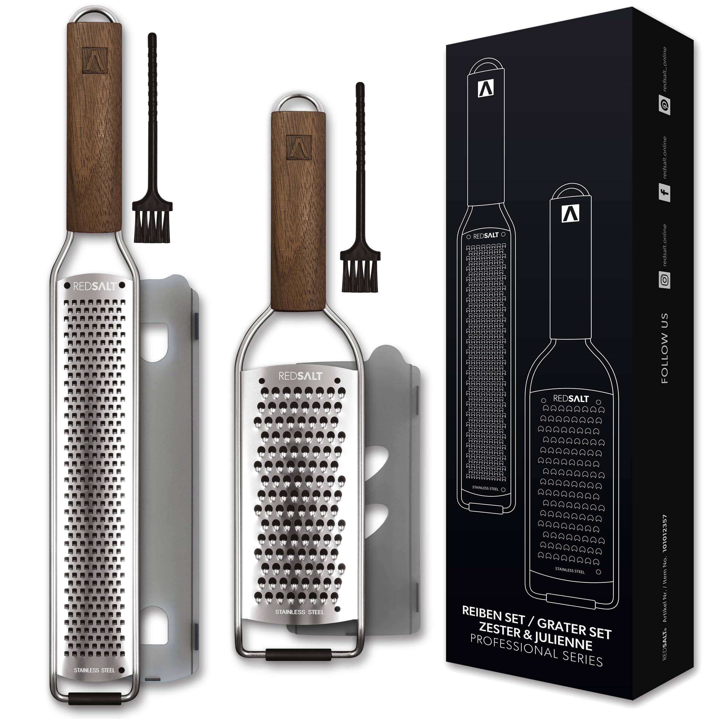 REDSALT® Premium Zester & Coarse Grater Set | INOX 18/10 Stainless Steel Blade & Walnut Handle | Kitchen Rasp for Lemons, Ginger, Carrots, Garlic, Parmesan Cheese | Professional Slicer — image 1