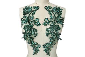 SUCCI SHAN Handmade Beaded Rhinestone Appliques Sew on Crystal Lace Patch, 1 Pair for DIY Clothing, Wedding Dress,Multi-Color Costume Decoration (Deep Green)