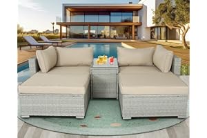 BPTD Outdoor Patio Furniture Set Balcony Furniture PE Rattan Wicker Outdoor Sectional with Washable Cushion for Garden, Poolside, Balcony, Backyard (Grey-Beige, Set of 5)