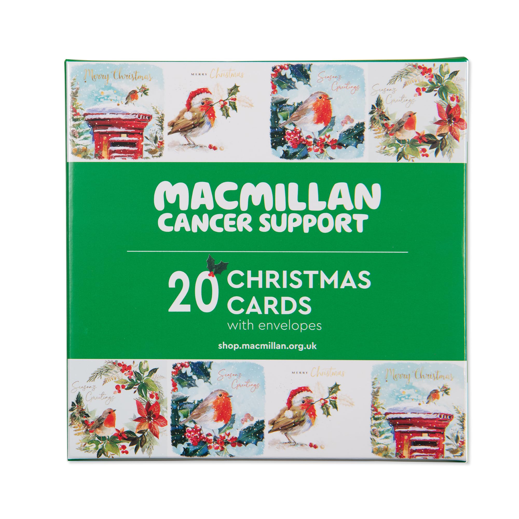 Macmillan Christmas Robins Charity Christmas Cards – Pack of 20 Luxury and Eco-Friendly Christmas Cards. Boxed Multipack of 4 Seasonal Christmas Designs. 127x127mm Card Size.