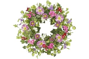 YNYLCHMX 18" Spring Wreaths for Front Door Summer Wreath with Pink Daisy & Green Eucalyptus Leaves, Artificial Wreath Green Foliage Wreath for Wall Window Farmhouse Party Holiday Home Decor