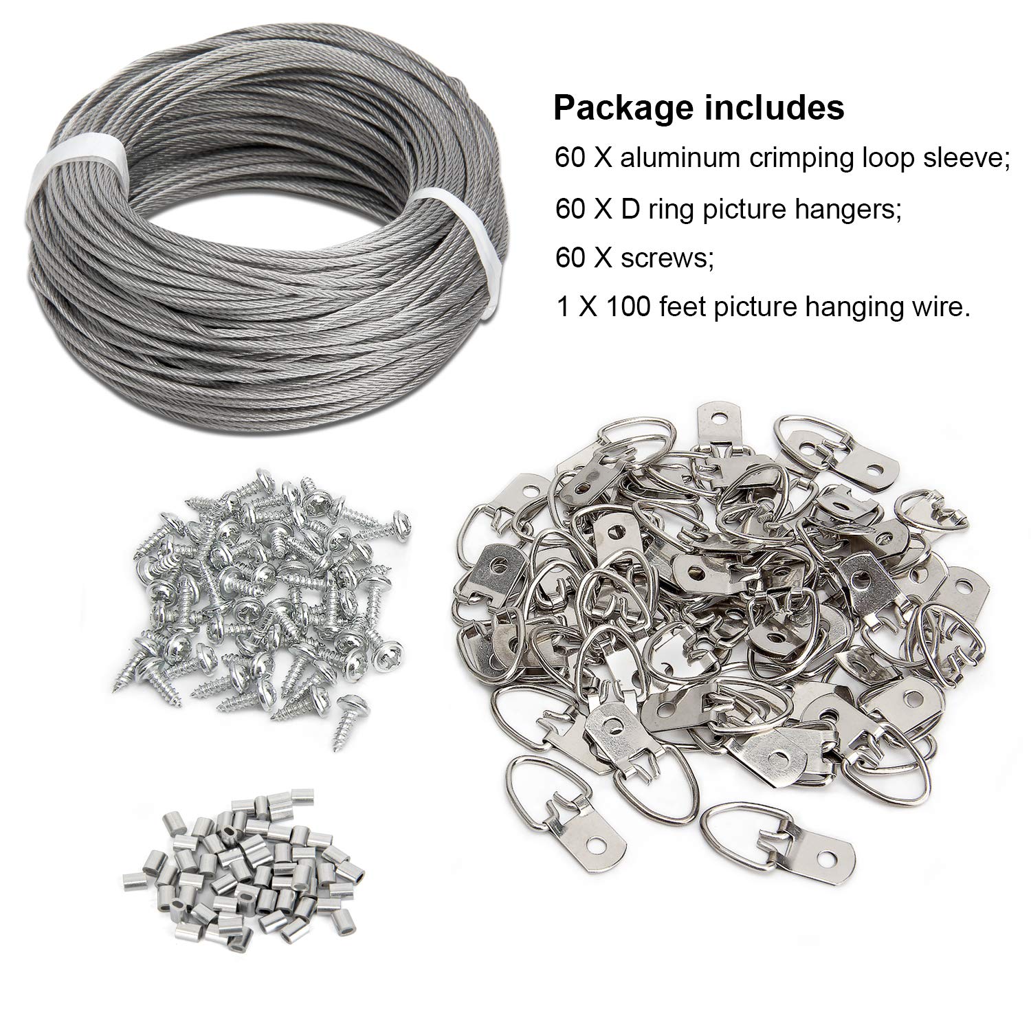 Blisstime Picture Hanging Kit - 100 Feet Braided Hanging Wire, 60 Pcs D Ring Picture Hangers with Screws and 60 Pcs Aluminum Crimping Loop Sleeve for Canvas Paintings, Photo Frames