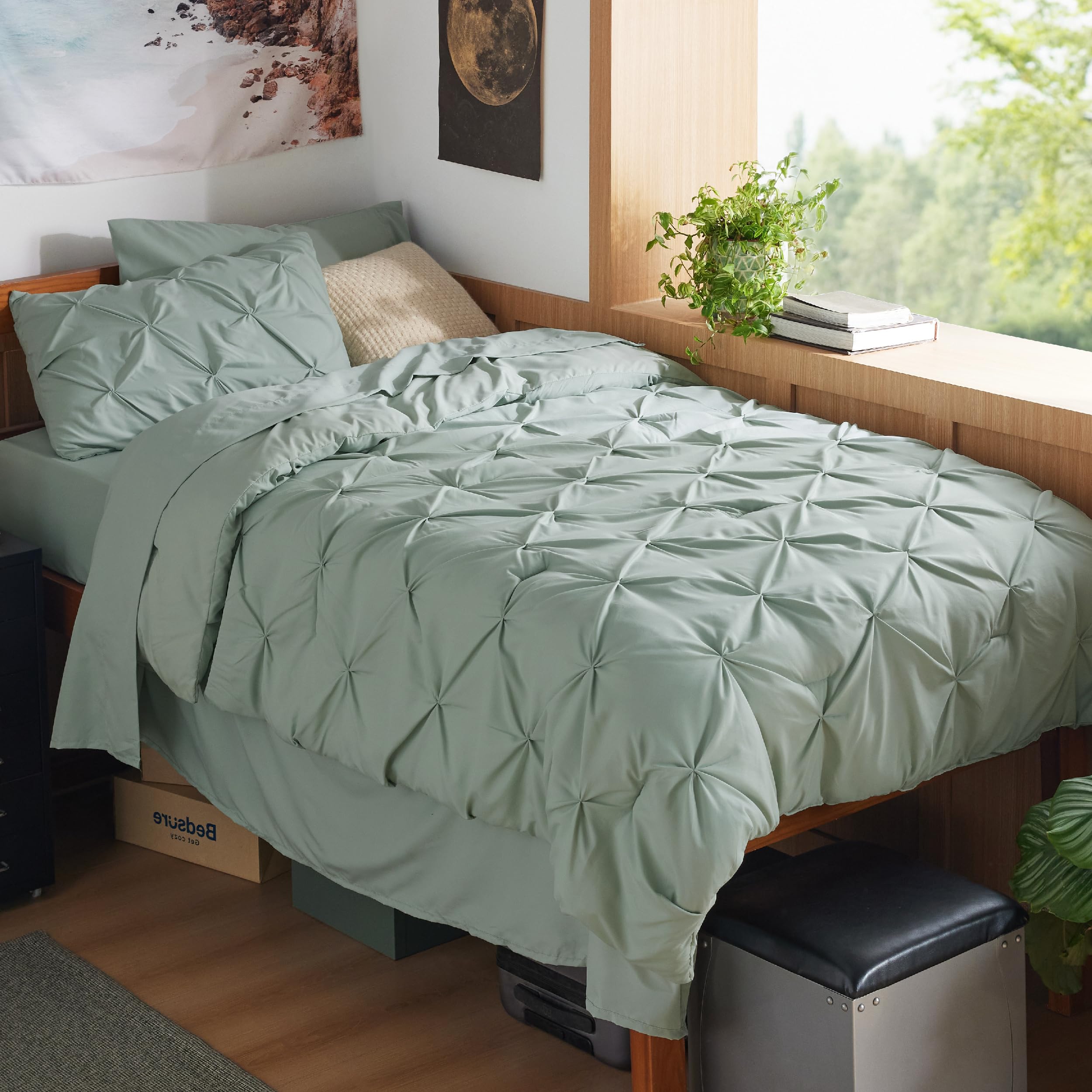 Photo 1 of Bedsure Twin XL Comforter Set - Extra Long 5 Pieces Dorm Bedding Sets, GentleSoft™ Pinch Pleat Sage Green Bed in a Bag with Pintuck Comforter, Sheets, Pillowcase & Sham