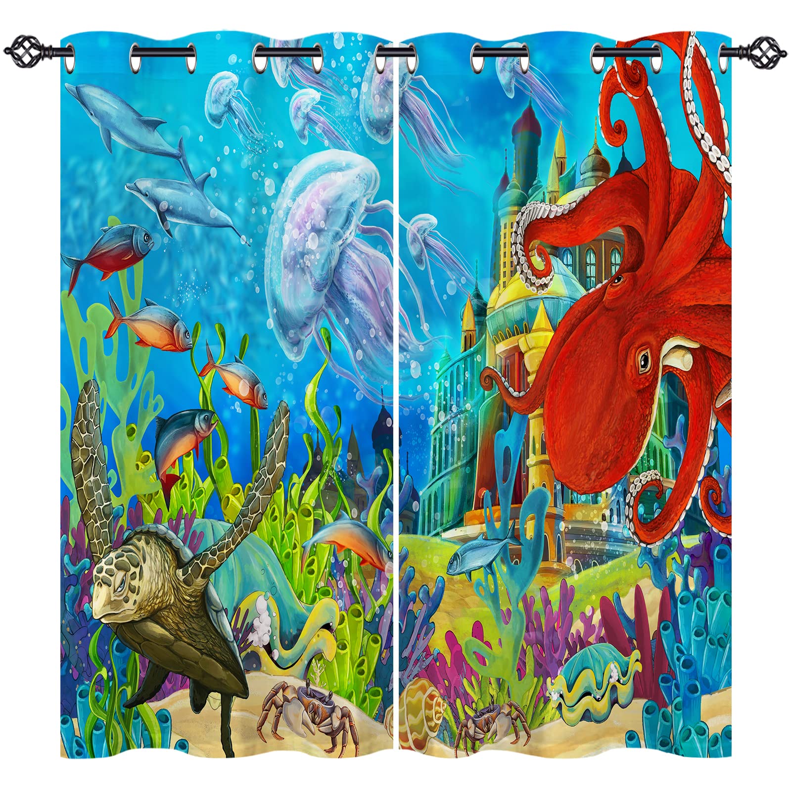 ANHOPE Ocean Underwater Castle Curtains Eyelet Thermal Insulated 80% Blackout Curtains with Sea Animal Octopus Turtle Print Pattern Window Drapes for Kids Bedroom Living Room 46 x 90 Inch 2 Panels