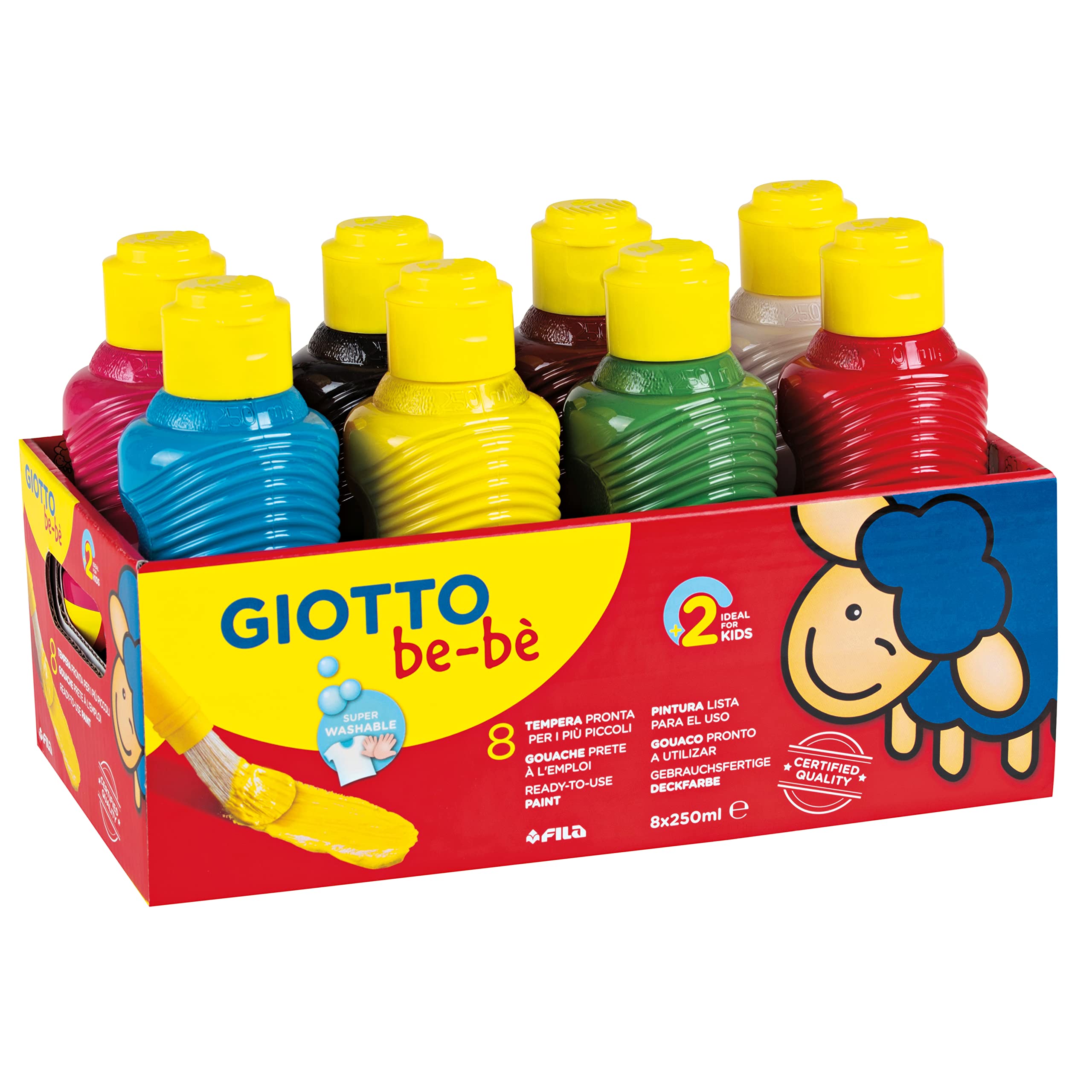 GIOTTO be-bè Super Kids Paint Set, 8 x 250ml in Assorted Colours, Super-Washable, For Children and Schools