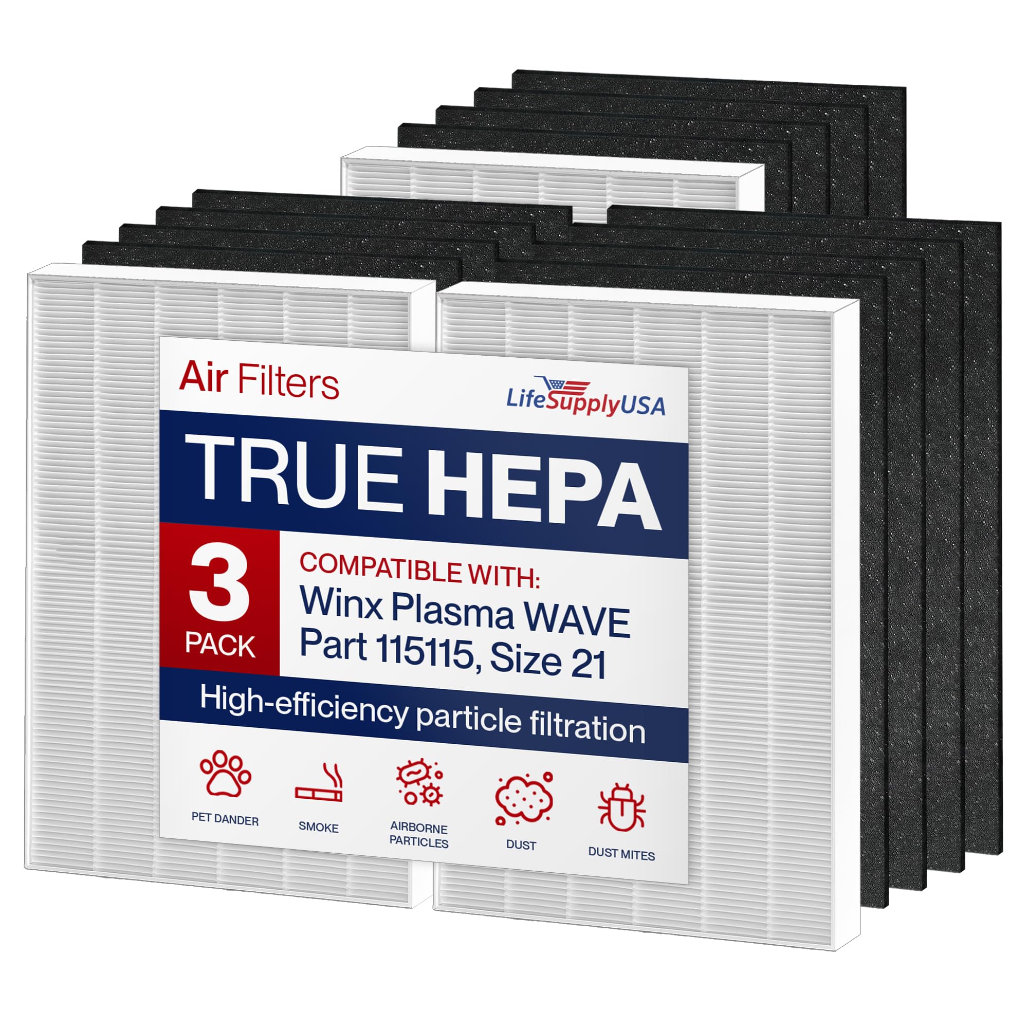 Photo 1 of 115115 3 HEPA Filter A Replacement + 12 Carbon Pre-Filters for C535, 5300, 5300-2, 5500, 5500-2, 6300, 6300-2, P300, AM90, C909, 9800 For Winix Air Purifier Filter Replacement Size 21 by LifeSupplyUSA