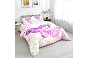 SW SETWIER SETWIER Kids Bedding Set Full Size Butterfly Purple Duvet Cover Kawaii Comforter Cover Ultra Soft Breathable Patterned Cute Cartoon Floral Quilt Cover Boys Girls Toddler Teen 3Pcs