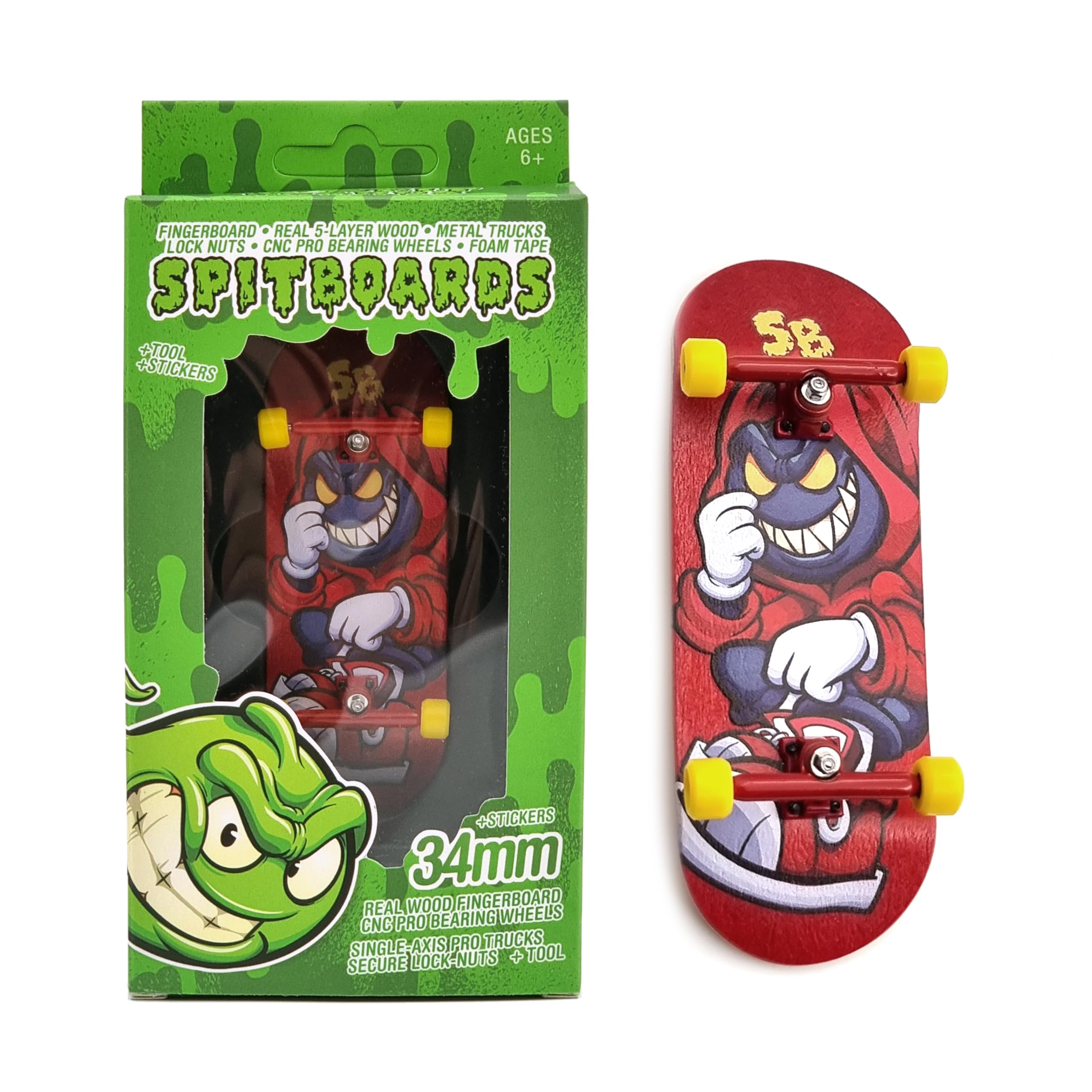SPITBOARDS® 34mm x 96mm Fingerboard Set-Up (Complete) | Real Wood Deck | Pro Trucks With Lock-Nuts and Bushings | Polyurethane Wheels With Bearings | Red Hoody