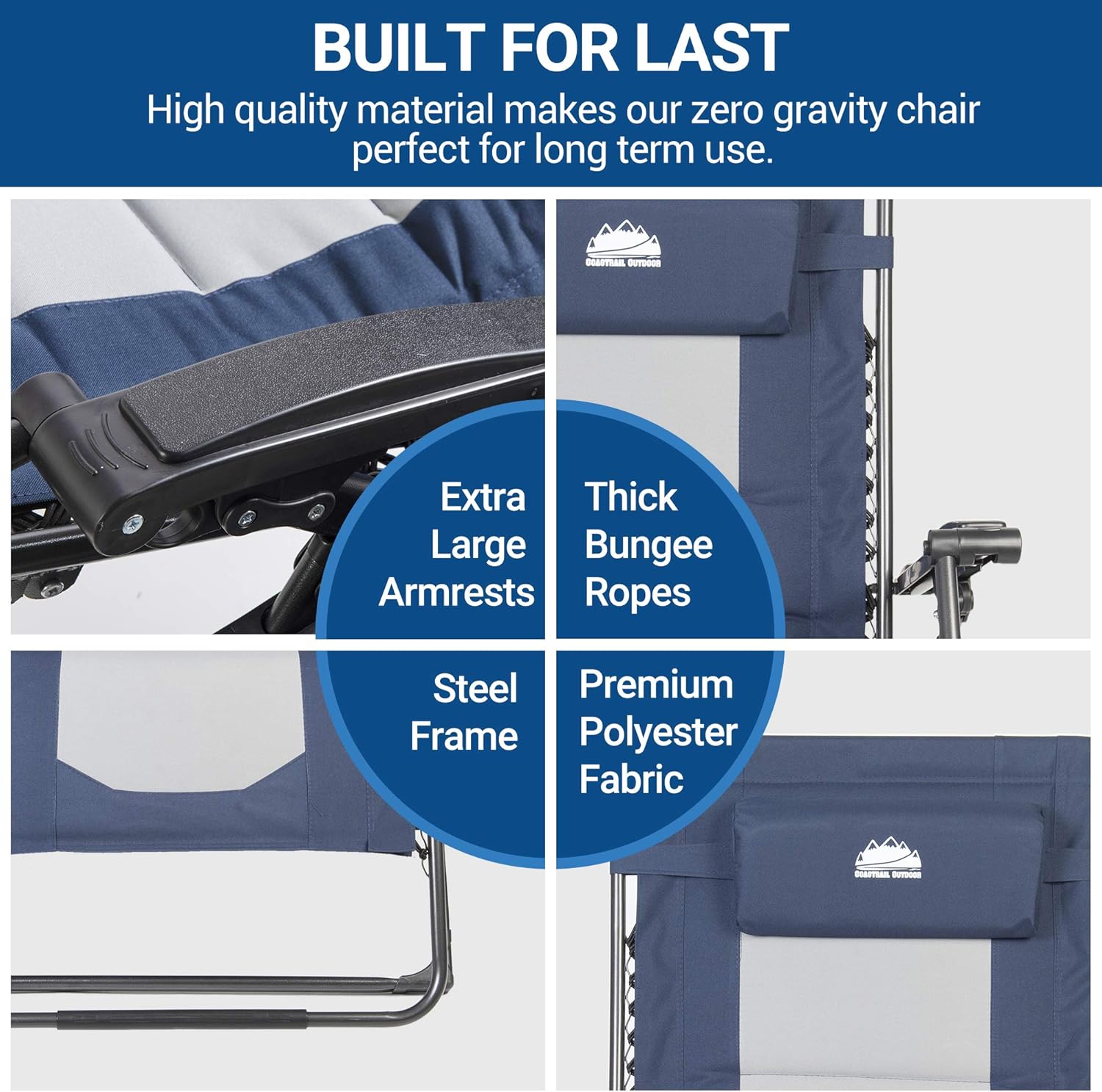 Coastrail Outdoor Zero Gravity Extra Large Armrest XXL Camping Lounge Patio Support 500lbs Padded Reclining Folding Lawn Chair with Side Table, Blue/Gray: Garden & Outdoor