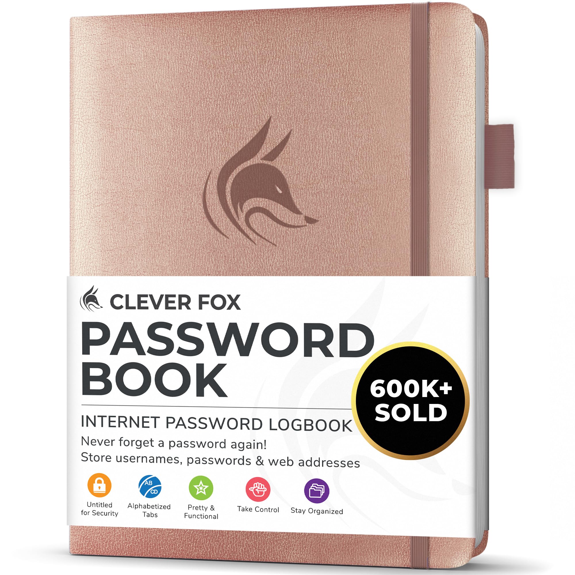 Clever Fox Password Book with alphabetical tabs. Internet Address Organizer Logbook. Small Pocket Password Keeper for Website Logins (Rose Gold)