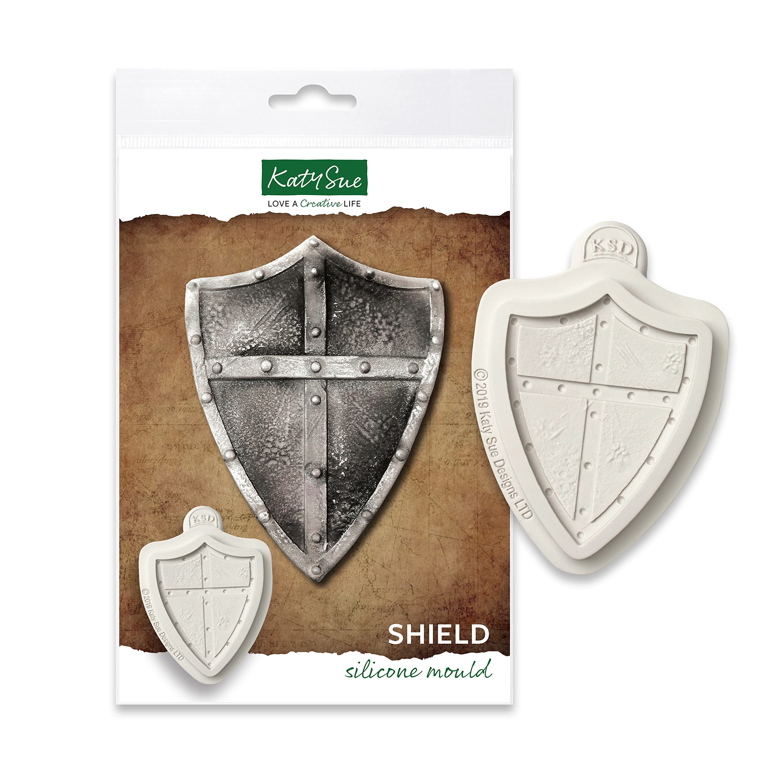 Katy Sue Shield Silicone Mould for Cake Decorating & Craft. Makes a Medieval Battle Shield 7.5 Centimetres Tall x 5.6 Centimetres Wide. Use with Fondant, Sugar Paste, Air Dry Clay from Katy Sue Moulds
