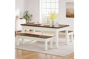 Tribesigns Farmhouse Dining Table Set for 4-6, 55-Inch Wooden Kithcen Table with 2 Benches, Space Saving 3 Pieces Heavy Duty 