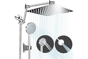 JAFETON 12 Inch Rainfall Shower Head with Handheld Combo, THE FIRST WATERFALL handheld mode Rain Shower Head, Fullbody Showerhead with 15 Inch Adjustable Extension Arm, 6 Setting Spray Modes， Stainless Steel