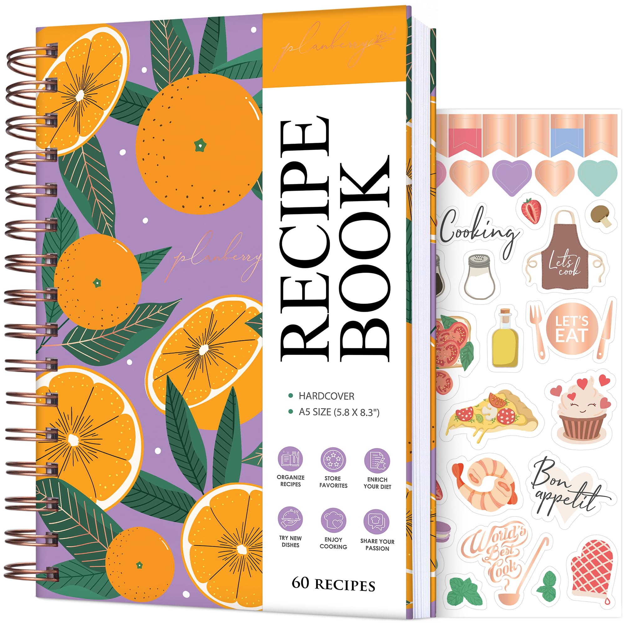 PLANBERRY Recipe Book – Blank Hardcover Cookbook to Write in Your Own Recipes – Empty Cook Book Journal to Fill in – Blank Family Recipe Notebook – 60 Recipes, 14x21cm (Orange Fresh)