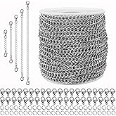 55ft Silver Stainless Steel Curb Chain for Jewelry Making,Twisted Link Chains with Spool for Necklace Bracelet,100 Pcs Jump Rings and Lobster Clasps DIY Supplies for Dog Tag,Keychain(2.8x2.2x0.6mm)