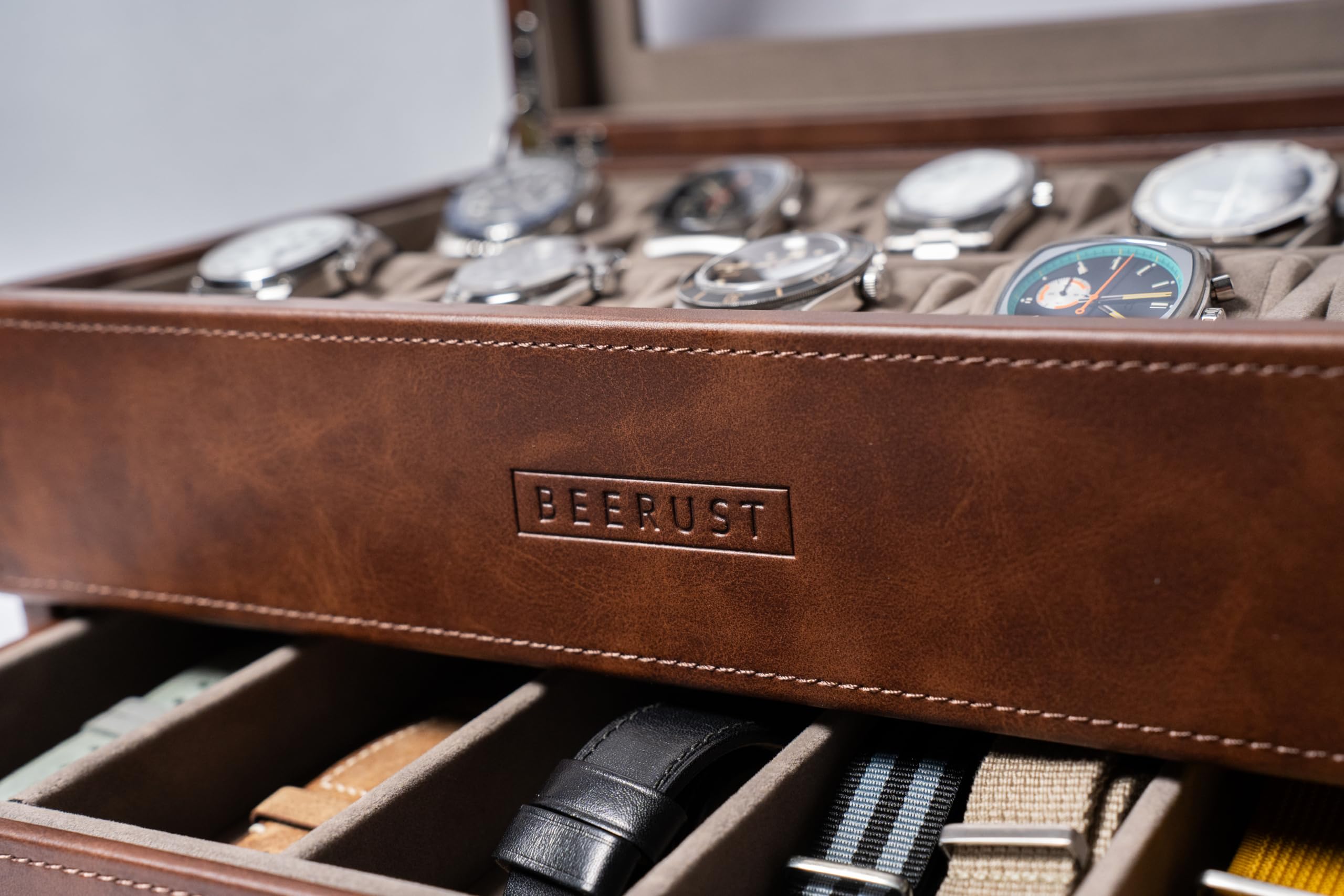 BEERUST 10 Slot Leather Watch Box Organizer for Men - Display Case with Valet Drawer - Ideal for Large Wrist Watches and Jewelry