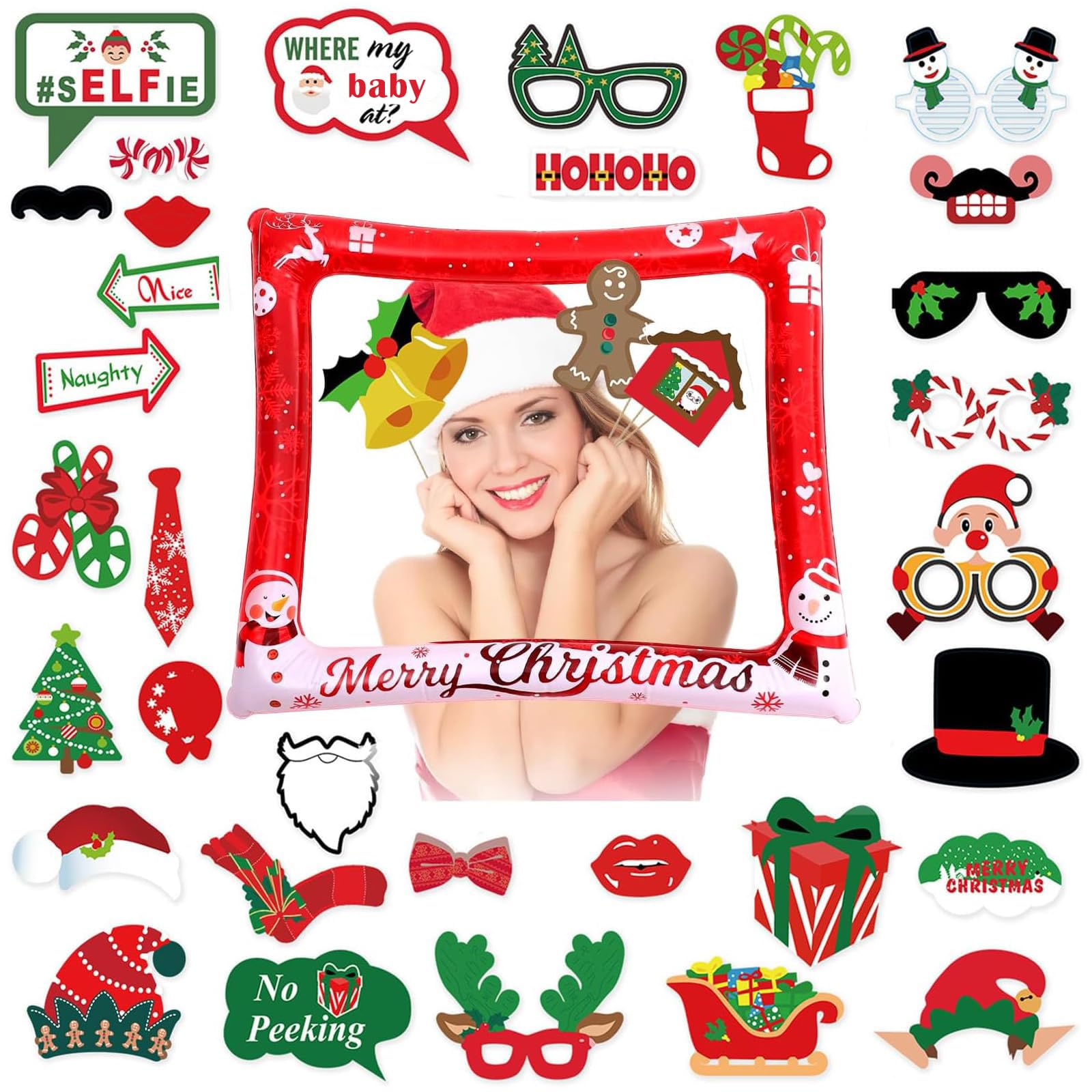 37 Pcs Christmas Photo Props with Inflatable Christmas Photo Booth Frame Kit Red Xmas Inflatable Selfie PhotoFrame Funny ChristmasParty Selfie Props for Xmas New Year Party Decorations