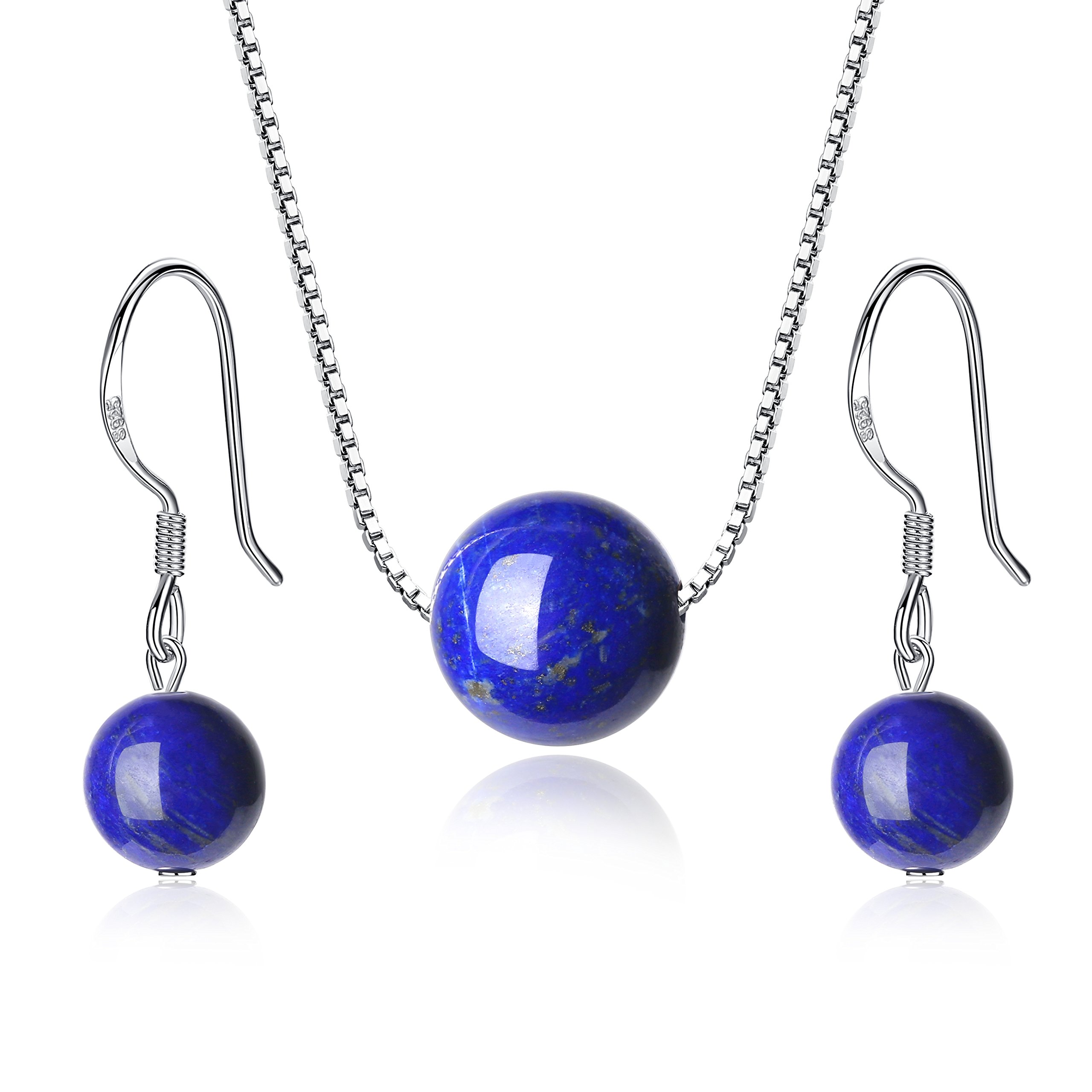 COAI Lapis Lazuli Stone 925 Sterling Silver Earrings Necklace Set for Womens Girls