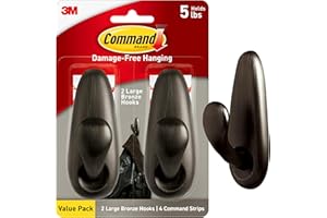 Command 5 lb Large Oil Rubbed Bronze Metal Hooks, 2 Coat Hooks and 4 Command Strips, Damage-Free Hanging with Adhesive, Forever Classic Great for Christmas Decorations