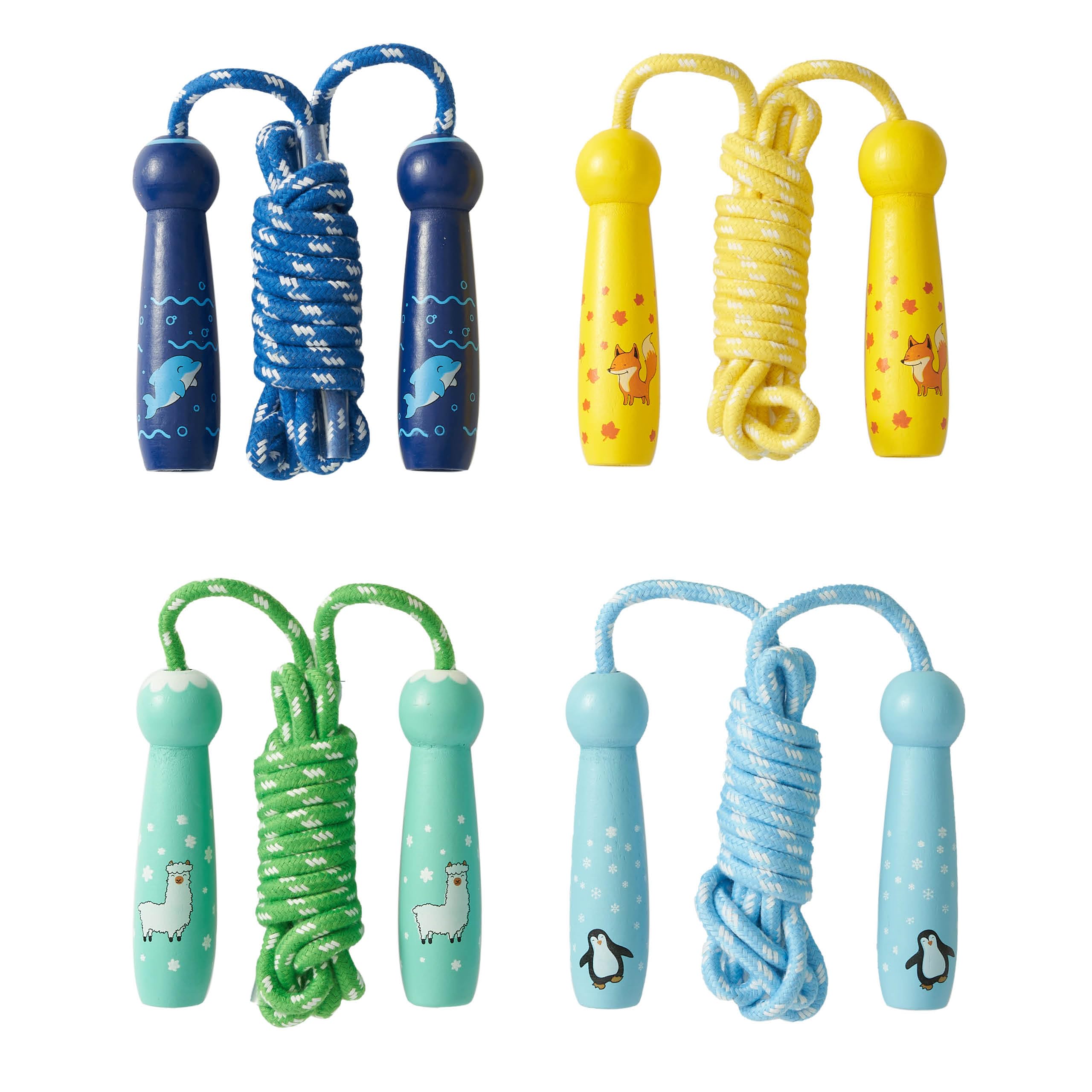 THE TWIDDLERS - 4 Kids Skipping Ropes, Traditional Fabric & Natural Premium Wood with Animal Themed Handles﻿, Adjustable Length, Children's Jumping Ropes, Great for Birthdays, School, Stocking Fillers