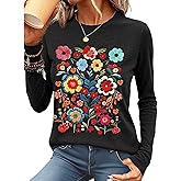 Flamingals Vintage Graphic Tees for Women Boho Wildflower Pattern Casual Crewneck Long Sleeve Women's Tops