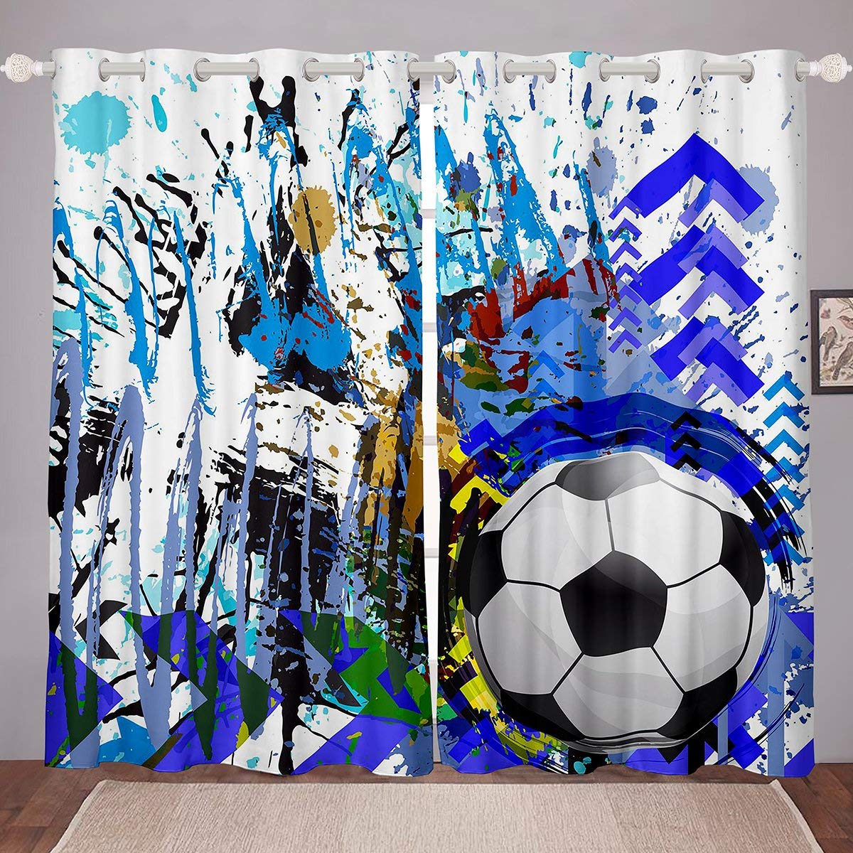 Football Window Curtains Soccer Ball Pattern Curtains for Bedroom Living Room Boys Girls Sports Theme Window Drapes Football Player Games Tie Dye Blue Window Treatments,W66*L90