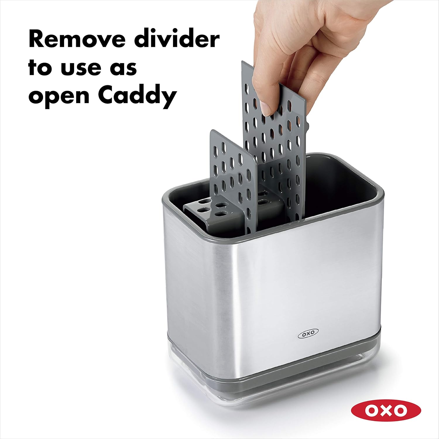 OXO Good Grips Sinkware Caddy, Stainless Steel, Compact, Ventilated Divider, Removable Drip Tray with Pour Spout, Silver - Image 5