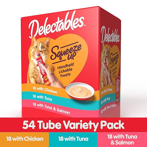 DELECTABLES SQUEEZE UP HANDHELD LICKABLE TREATS, CHICKEN, (TUNA AND TUNA AND SALMON) 54 COUNT