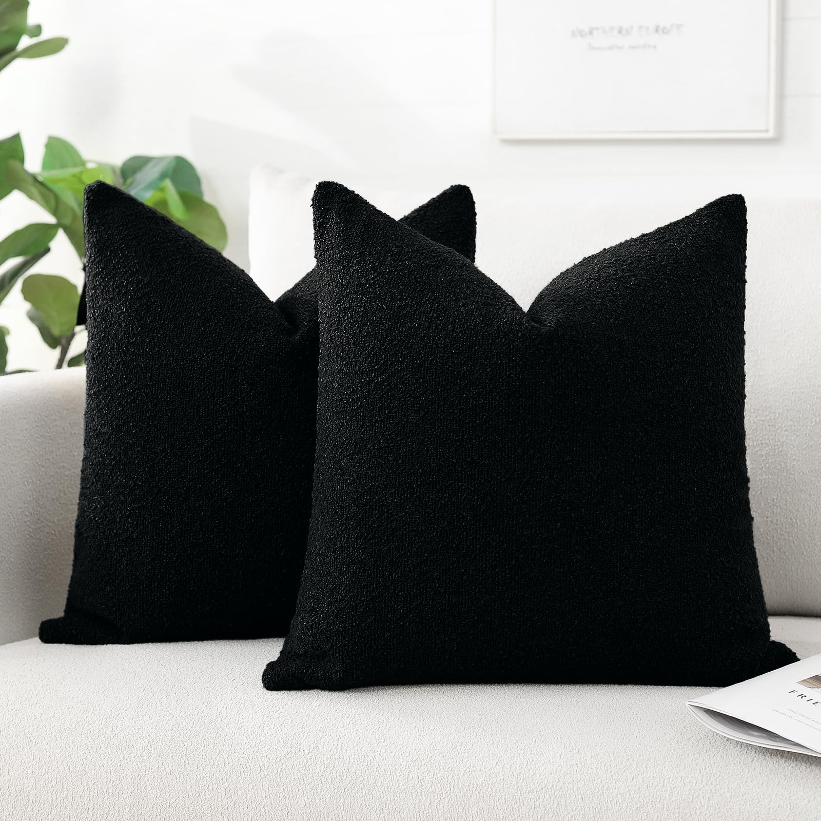 Artscope Pack of 2 Textured Boucle Cushion Covers Square Pillow Cases Cozy Soft Decorative Couch Pillow Covers for Chair Sofa Bedroom Living Room Home Decor 50x50cm, Black