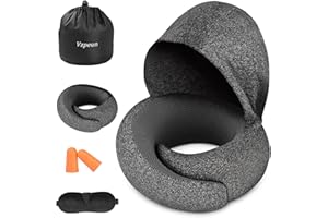Vzpeun Travel Pillow - Hooded Neck Pillow Airplane Memory Foam Filling for Plane, Office, Cars Sleeping, Road Trip, Long Flights, Portable Plane Accessories, Includes Eye Mask & Earplugs (Dark Gray)