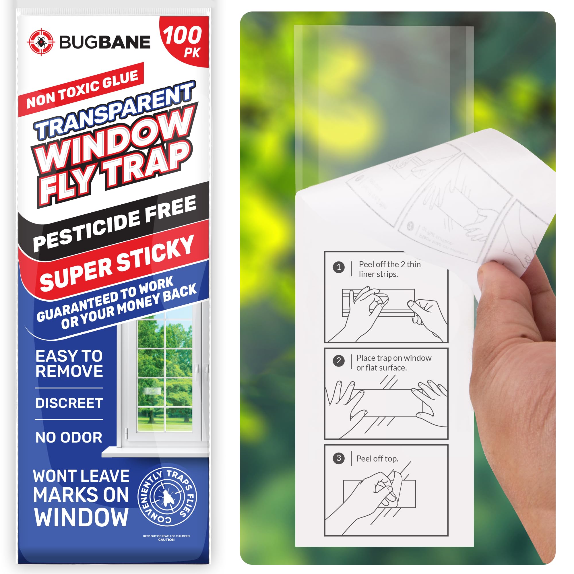 Photo 1 of 100 Window Fly Traps Sticky Non-Toxic Clear Fly Paper Indoor for Home. No Mess Flies Window Sticky Traps Bug Flies Strips Indoors. Fruit and Housefly Trap Indoor Flypaper Tape Gnat Catcher Killer