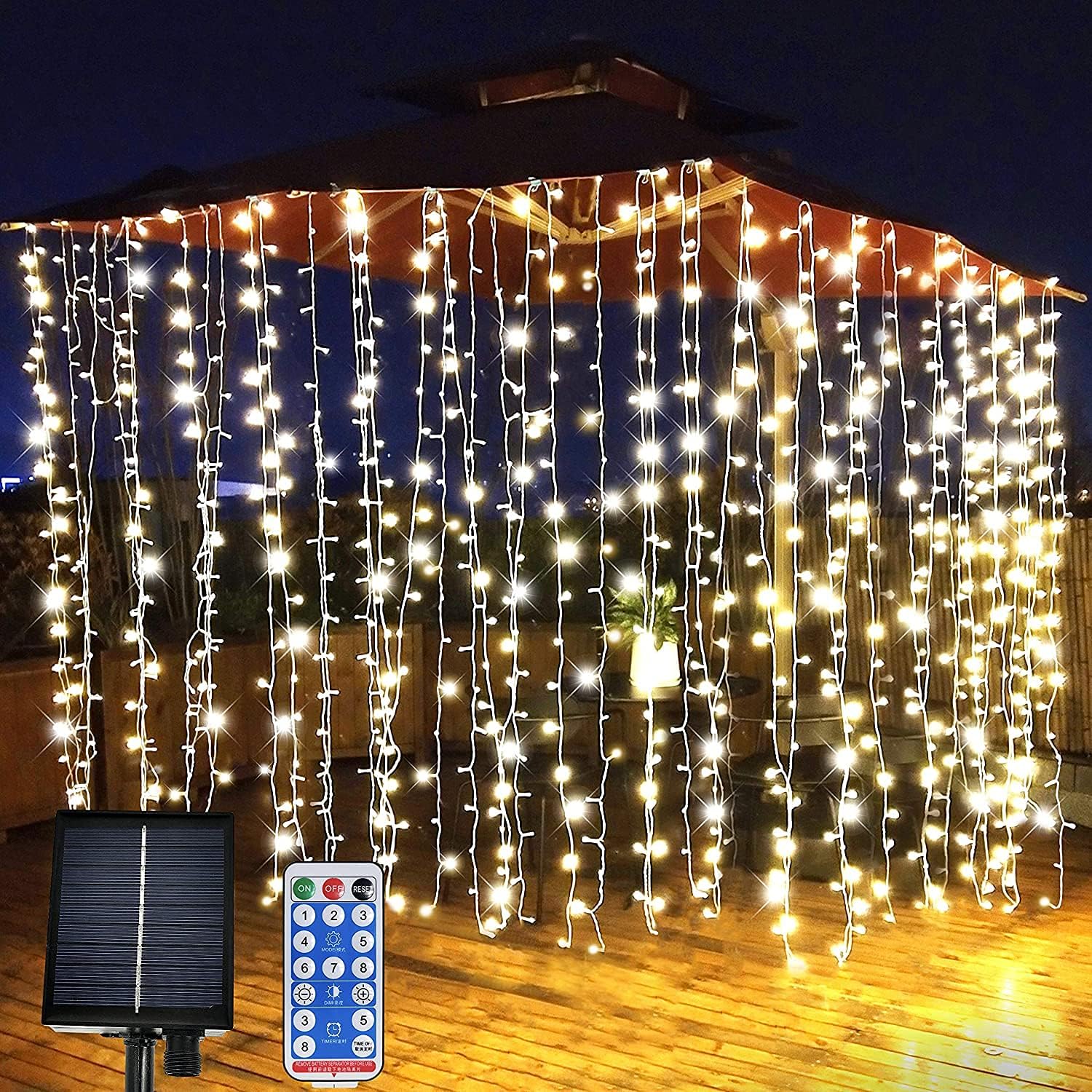 LiyuanQ Solar Curtain Lights, Garden Fairy Lights 300 LED 8 Modes Remote Control Waterproof Solar Waterfall Fairy String Lights Decoration for Patio, Garden, Party, Wedding, Birthday, Festival (Warm)