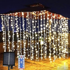 LiyuanQ Solar Curtain Lights, Garden Fairy Lights 300 LED 8 Modes Remote Control Waterproof Solar Waterfall Fairy String Lights Decoration for Patio, Garden, Party, Wedding, Birthday, Festival (Warm)
