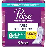 Poise Incontinence Pads for Women, 3 Drop, Long, 96 ct