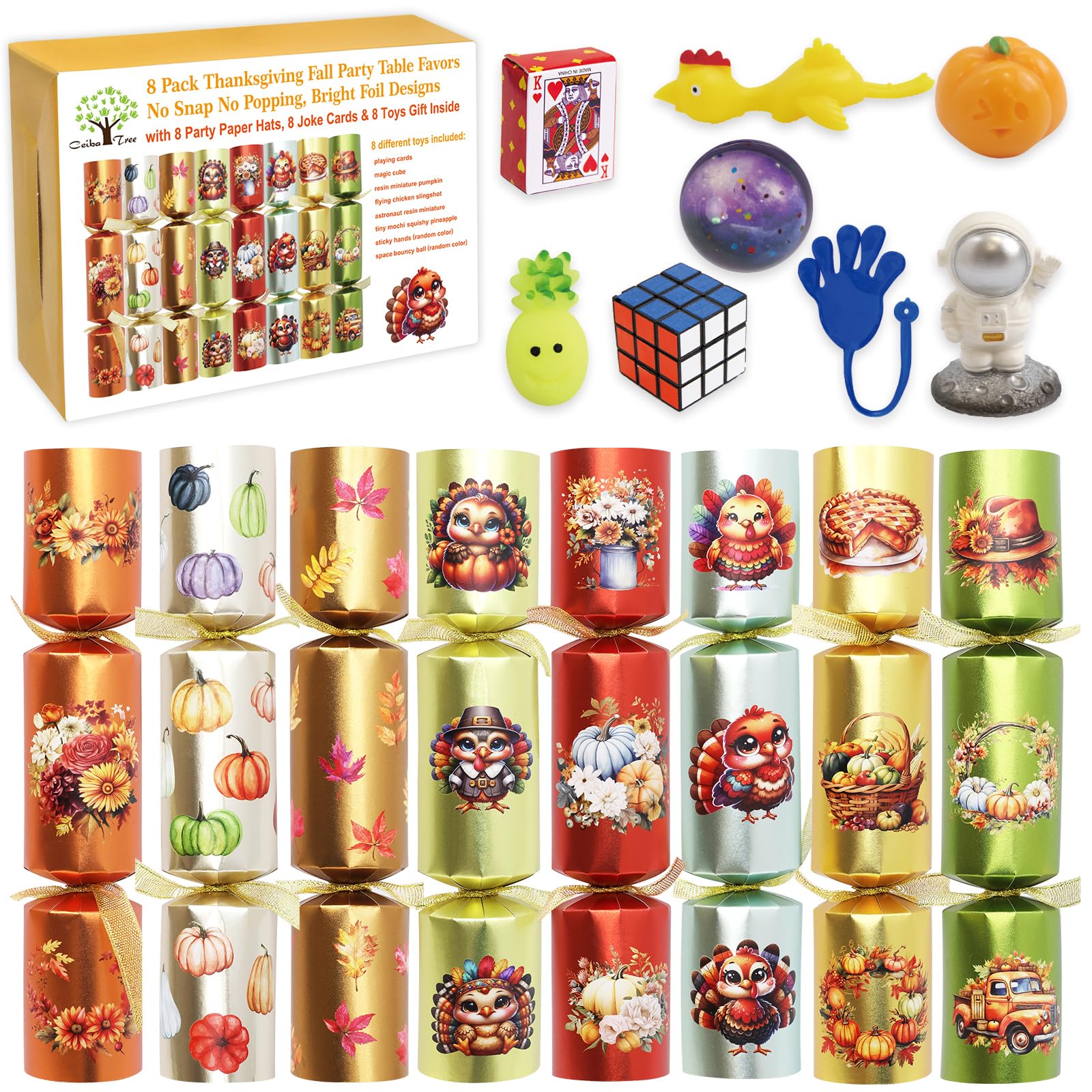 Photo 1 of ceiba tree Thanksgiving Crackers Poppers Party Table Favors No Snap No Popping 8 PCS Fall Games Activities for Kids Family with Prizes Gifts Toys & Hats & Joke Sparkle