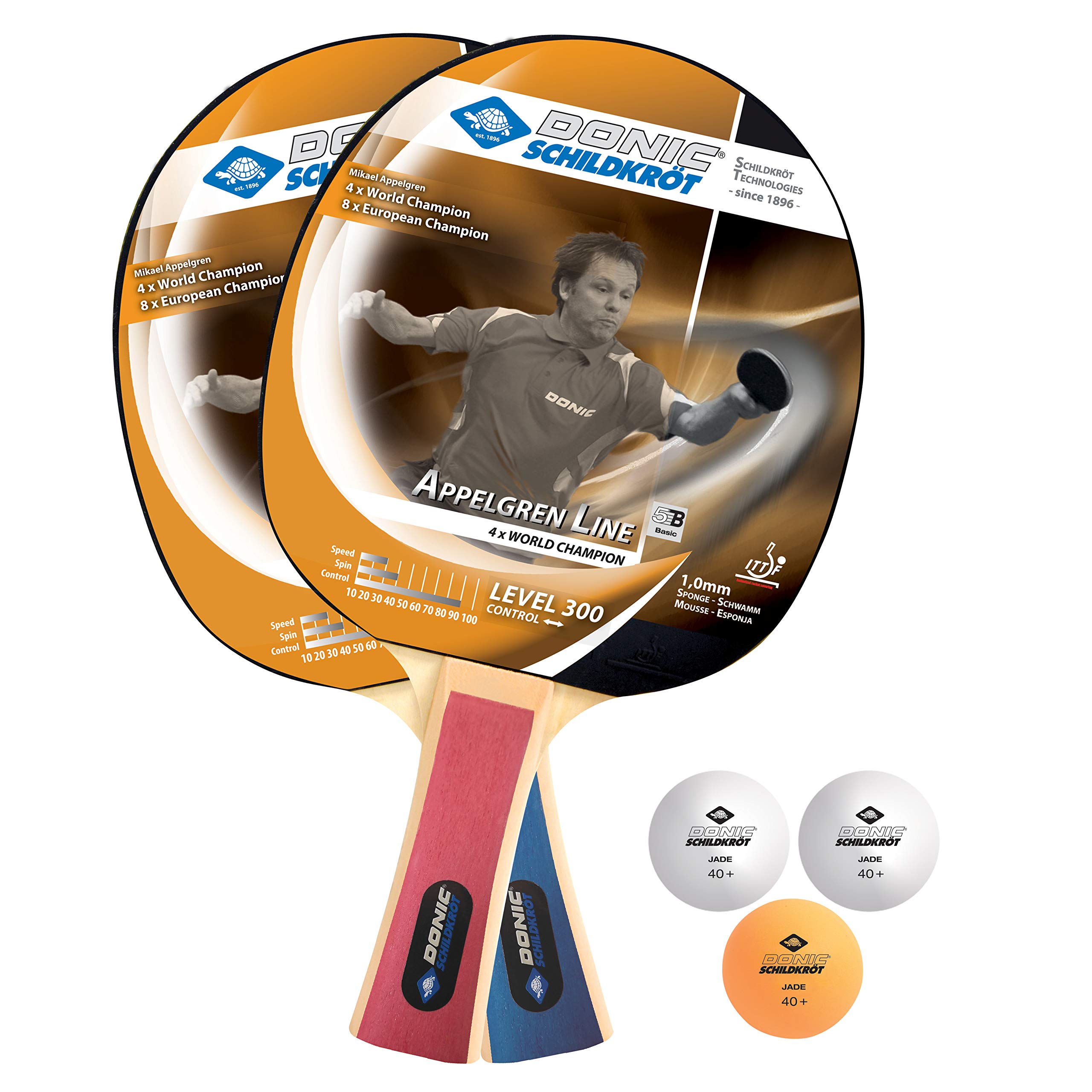 Donic-Schildkröt Appelgren 300 Table Tennis Set, 2 Bats, 1 mm Sponge, 3 Balls, in a Blister, 788634
