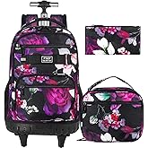 ZLYERT 3Pcs Rolling Backpack for Girls Women, Travel Roller Backpacks with Wheels for Adults, Teens College Rose Wheeled Bookbag with Lunch Box(Black)