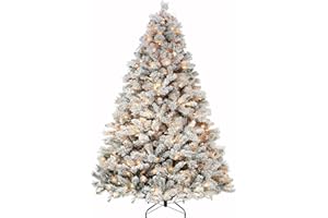 Hykolity 6.5 ft Snow Flocked Christmas Tree, Prelit Artificial Tree with 250 Warm White Lights, 1032 Branch Tips, Metal Stand and Hinged Branches