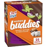 Chex Mix Muddy Buddies Peanut Butter &amp; Chocolate Snack Mix, 25 ct | 25 Trick-or-Treat Size Pouches, Crispy Corn Chex, Chocolatey Peanut Butter Coating, Sweet Powdery Finish