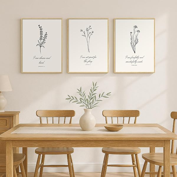 FRAMED CHRISTIAN WALL ART SET OF 3, MINIMALIST BOTANICAL SCRIPTURE PRINTS CHRISTIAN FLORAL ARTWORK I AM VERSES, RELIGIOUS INSPIRATIONAL DECOR FOR LIVING ROOM BEDROOM PRAYER ROOM, 12X16 INCH