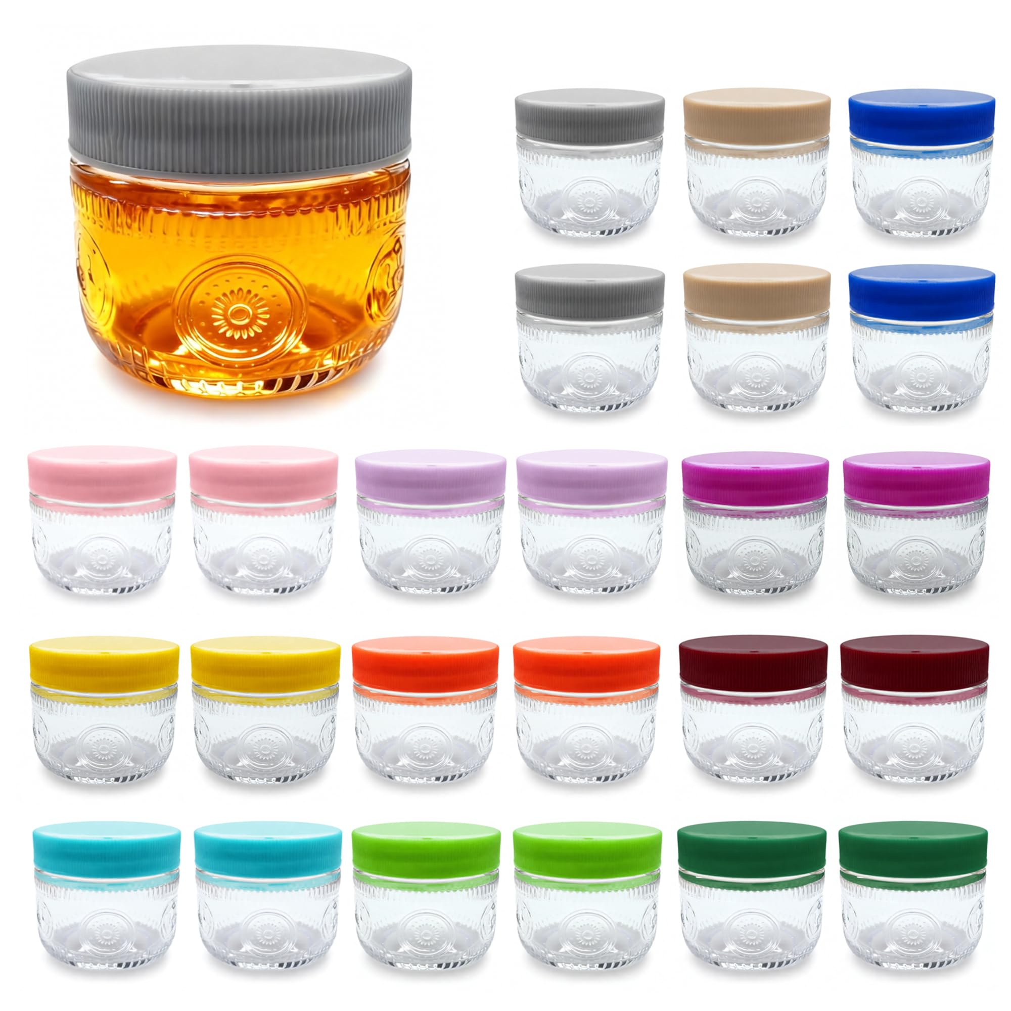 Amzcku 2 oz Mini Glass Mason Jars with Mouth Colored Lids - 24-Pack Glass Canning Jars for Storage, Overnight Oats, Jam, Jelly, Honey, Beans, Spices, Wedding Favors, Shower Favors Image