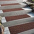 Aucuda 2pcs 8.5" x 30" Stair Treads Outdoor for Elders and Dogs on Wooden Steps, Non Slip Stair Runner Rug Heat Insulation Rubber Backing, Brown Floral Staircase Mat Carpet for Indoor Grip Farmhouse.