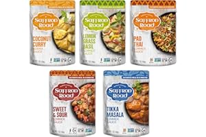 Saffron Road Simmer Sauce Variety Pack | Lemongrass Basil, Coconut Curry, Pad Thai, Sweet & Sour, and Tikka Masala | Vegetarian, Non-GMO, Halal, and Kosher | 7.0oz Pouch | Pack of 5
