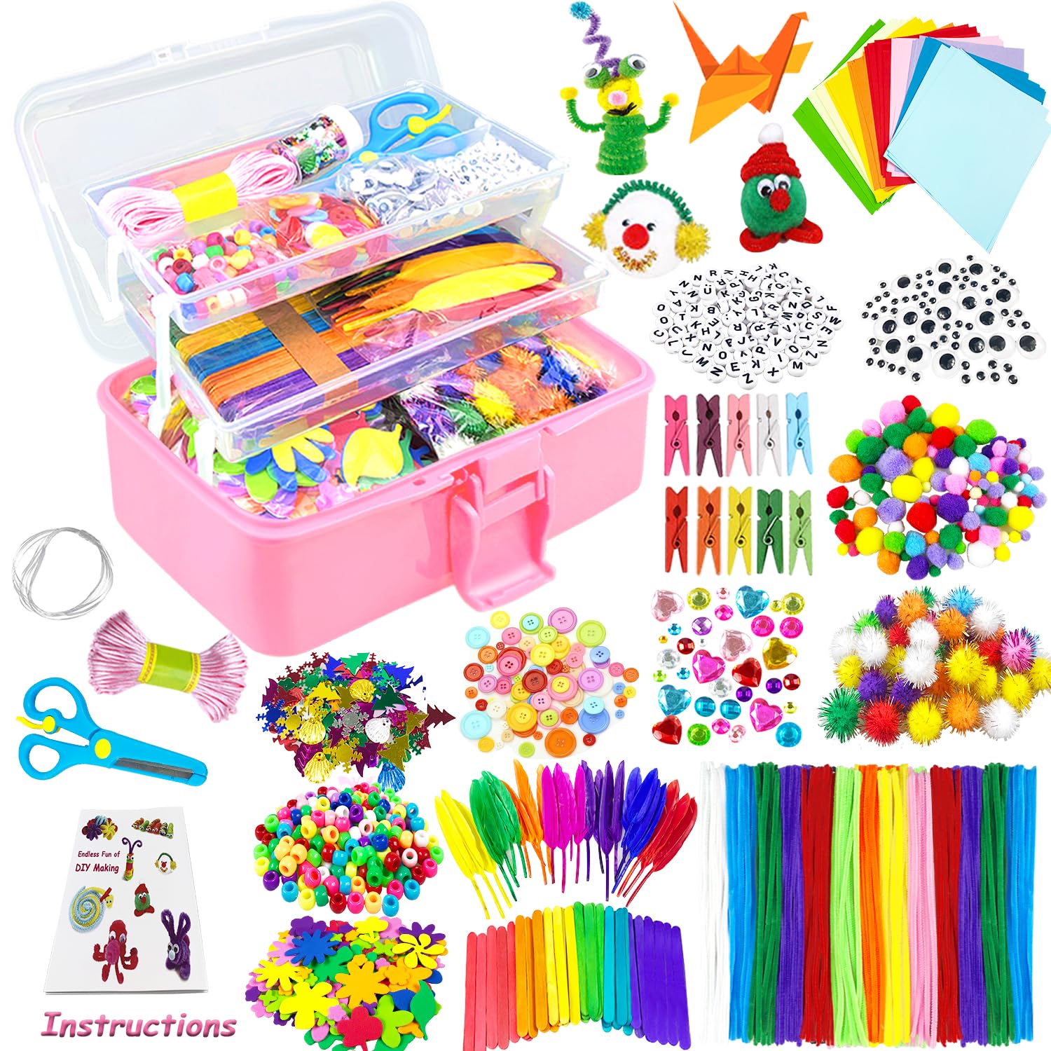 VLUINANI 3000Pcs Craft Kits for Kids DIY Arts and Crafts Supplies Set with Pipe Cleaners Craft Box Preschool Homeschool Toys Gift for Kids Boys and Girls Age 4 5 6 7 8