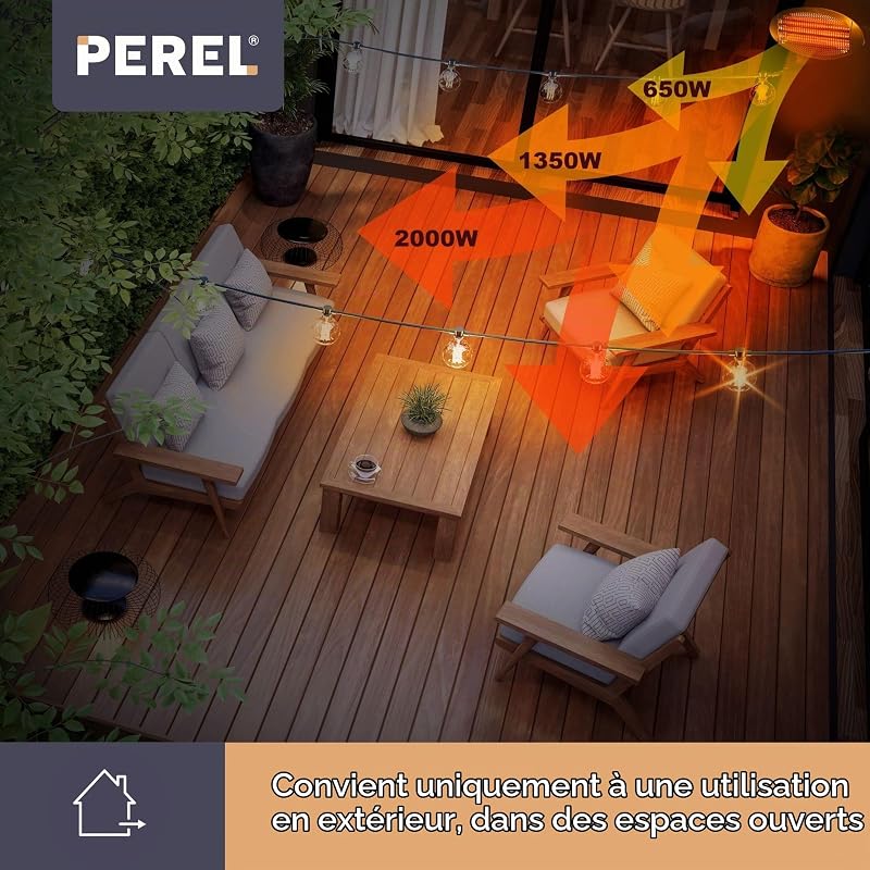 Chauffage de terrasse, 2000 W, quartz, montage mural, avec cordelette, résistant aux projections d'eau, 3 niveaux de chauffe, métal, noir, matériel de montage inclus — photo 2 sur 8
