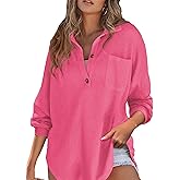 DERAX Women's Oversized Waffle Knit Tops Henley Shirts Long Sleeve V Neck Loose Fit 2026 Spring Tunic Blouse
