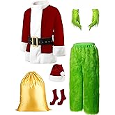 dgdgcool Christmas Green Costumes Adult, 8pcs Furry Santa Claus Costume for Men Funny Cosplay Santa Costume