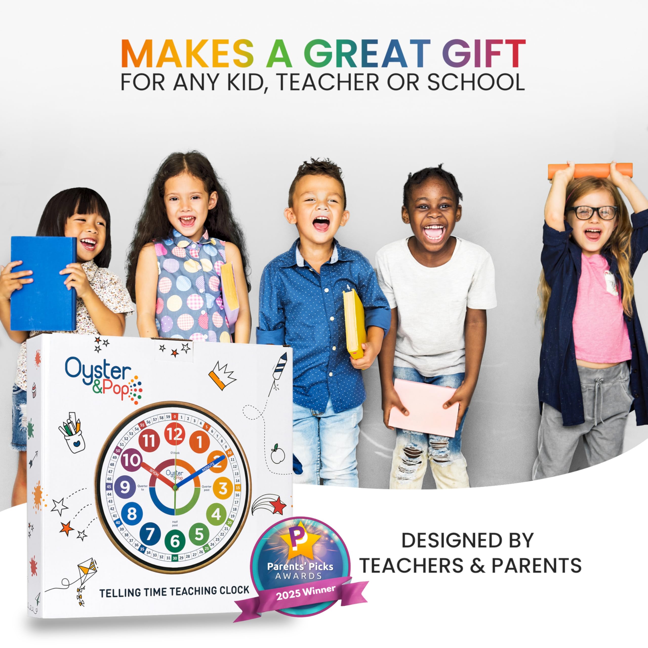 Oyster&Pop Learning Clock for Kids - Silent Telling The Time Teaching Clocks - Non-Ticking Kids Clocks for Bedrooms - Classroom Clocks for Teaching Time - Kids Learn to Tell Time Easily