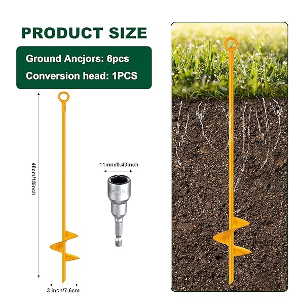 DOKOLES 6 PACK GROUND ANCHORS KIT 18”,HEAVY DUTY METAL HURRICANE GROUND STAKES SHED ANCHORS ，SCREW IN TRAMPOLINE ANCHORS FOR SWING SET，CAMPING TENT,CAR PORTS,CANOPY,SAND TENT,GAZEBO,DOG